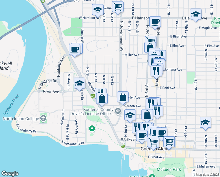 map of restaurants, bars, coffee shops, grocery stores, and more near 714 North B Street in Coeur d'Alene