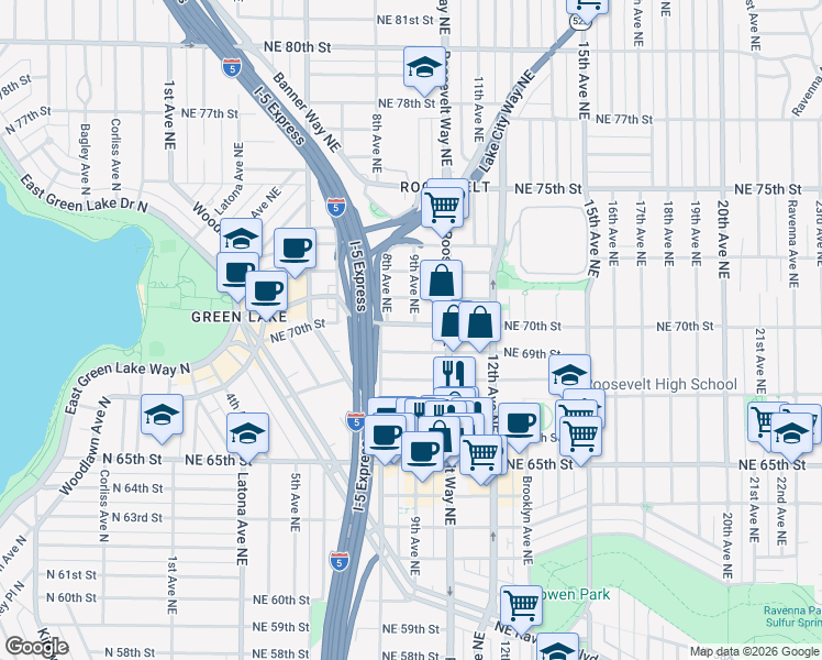 map of restaurants, bars, coffee shops, grocery stores, and more near 825 Northeast 70th Street in Seattle