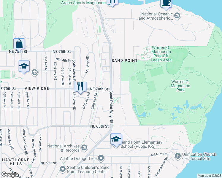 map of restaurants, bars, coffee shops, grocery stores, and more near Sand Point Way NE & NE 70th St in Seattle
