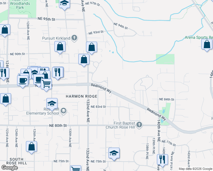 map of restaurants, bars, coffee shops, grocery stores, and more near 8527 134th Court Northeast in Redmond
