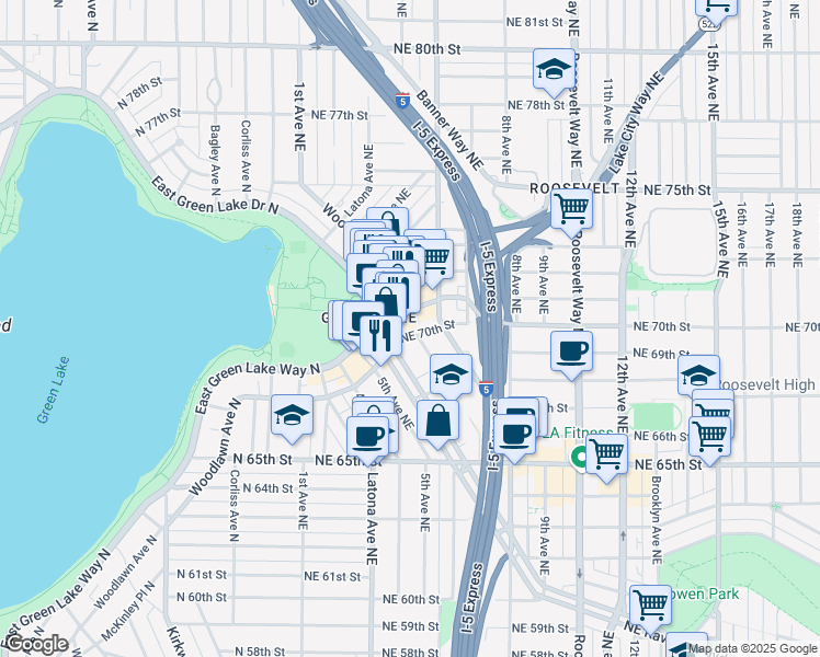 map of restaurants, bars, coffee shops, grocery stores, and more near 6845 Oswego Place Northeast in Seattle