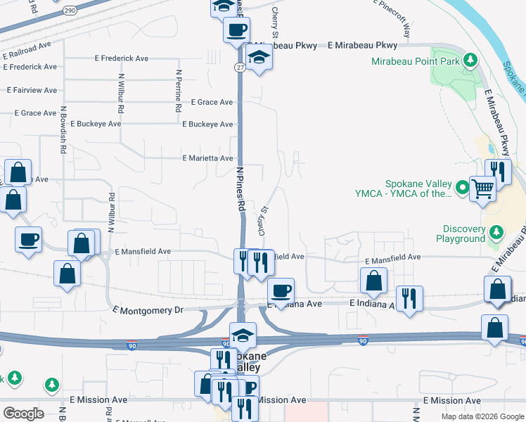map of restaurants, bars, coffee shops, grocery stores, and more near 24 Cherry Street in Spokane Valley