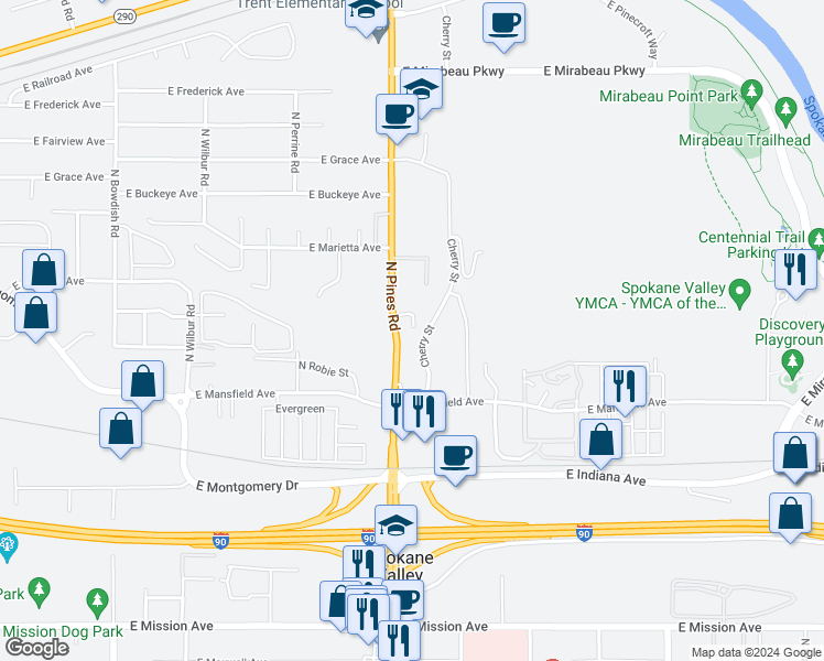 map of restaurants, bars, coffee shops, grocery stores, and more near 24 Cherry Street in Spokane Valley