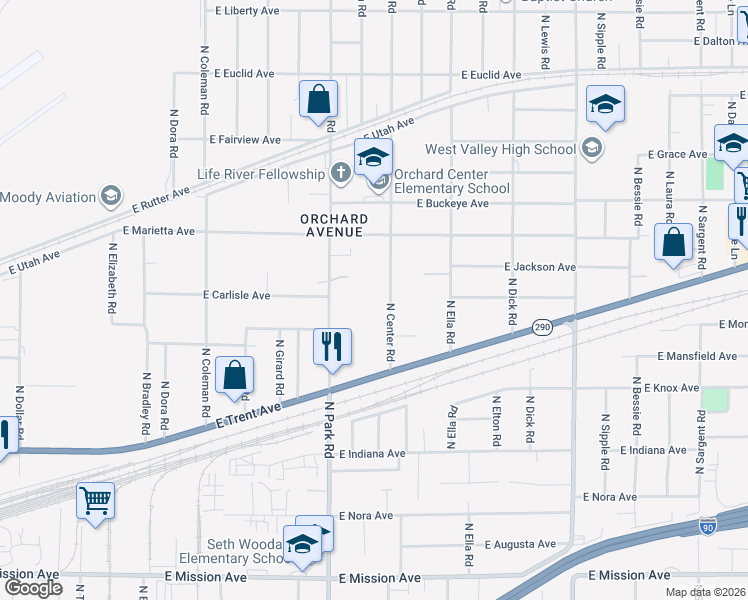 map of restaurants, bars, coffee shops, grocery stores, and more near 2409 North Center Road in Spokane Valley