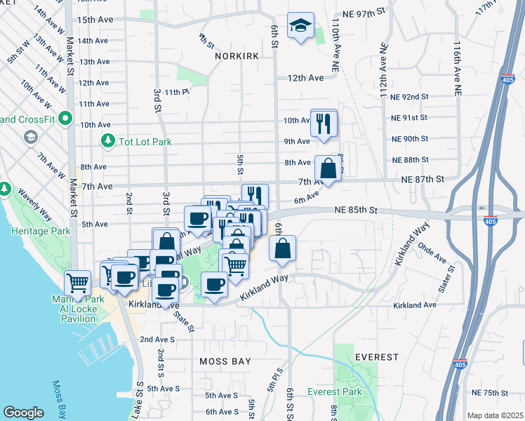 map of restaurants, bars, coffee shops, grocery stores, and more near 558 Central Way in Kirkland
