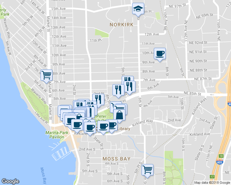 map of restaurants, bars, coffee shops, grocery stores, and more near 450 Central Way in Kirkland