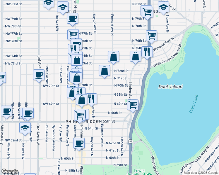 map of restaurants, bars, coffee shops, grocery stores, and more near 548 North 68th Street in Seattle