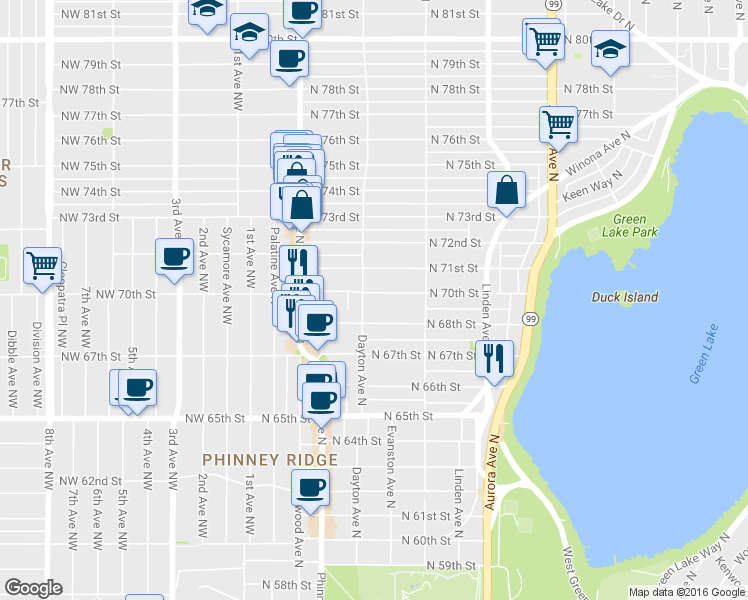 map of restaurants, bars, coffee shops, grocery stores, and more near 516 North 68th Street in Seattle