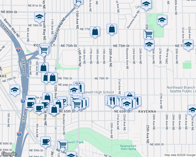 map of restaurants, bars, coffee shops, grocery stores, and more near NE 70th St & 18th Ave NE in Seattle