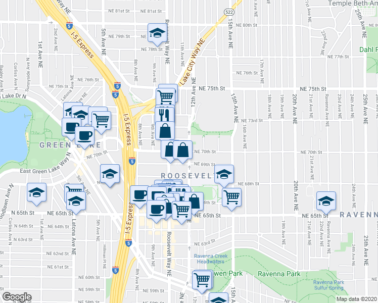 map of restaurants, bars, coffee shops, grocery stores, and more near 12th Ave NE & NE 70th St in Seattle