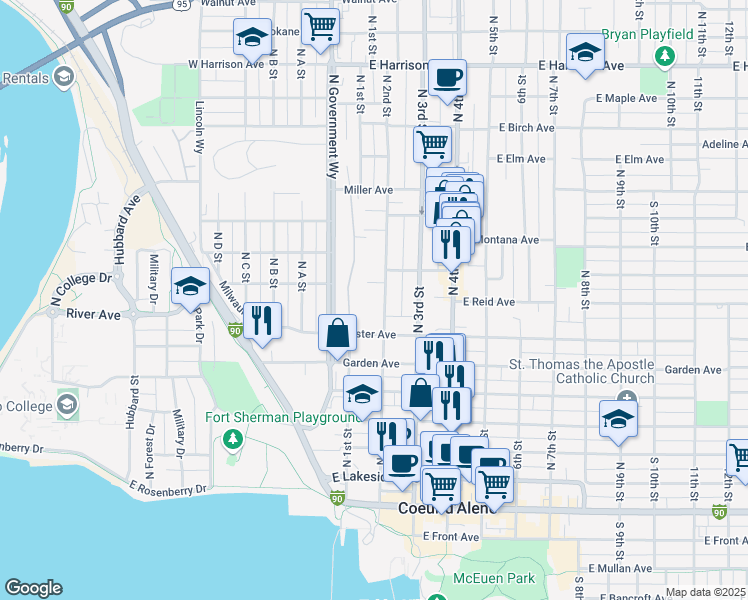 map of restaurants, bars, coffee shops, grocery stores, and more near 725 North 2nd Street in Coeur d'Alene