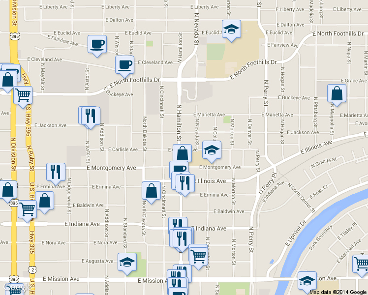 map of restaurants, bars, coffee shops, grocery stores, and more near 2230 North Hamilton Street in Spokane