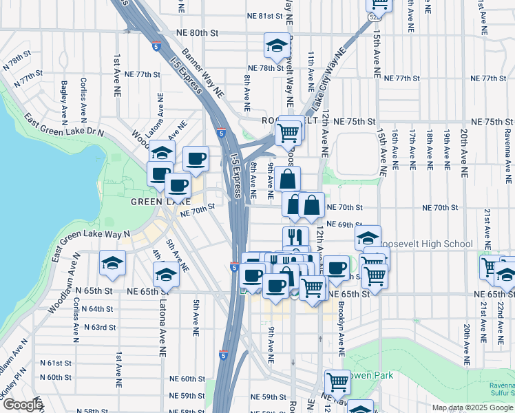map of restaurants, bars, coffee shops, grocery stores, and more near 824 Northeast 69th Street in Seattle