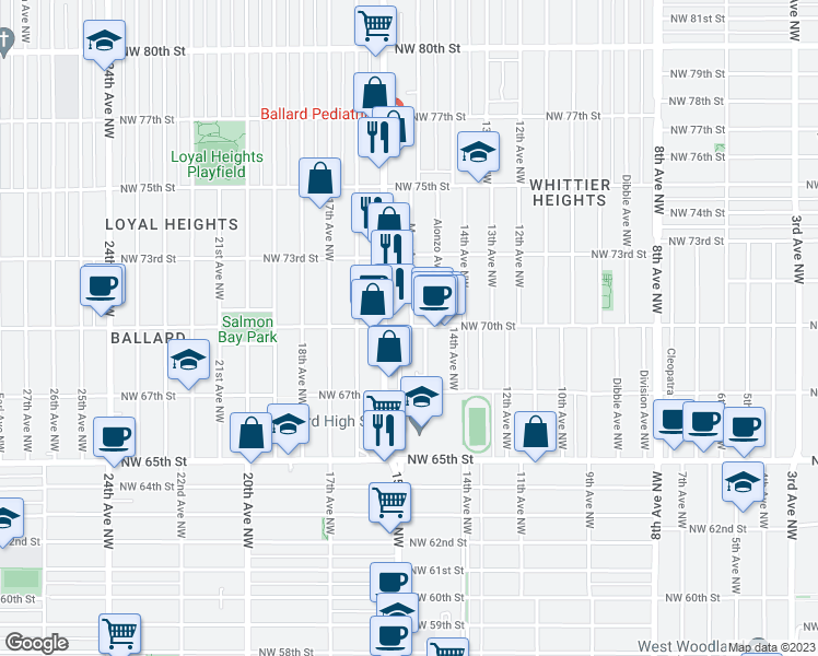 map of restaurants, bars, coffee shops, grocery stores, and more near 6738 Mary Avenue Northwest in Seattle