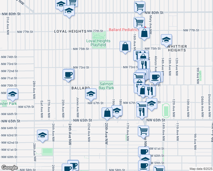 map of restaurants, bars, coffee shops, grocery stores, and more near 6736 20th Avenue Northwest in Seattle