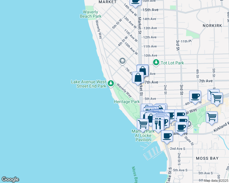 map of restaurants, bars, coffee shops, grocery stores, and more near Lake Avenue West in Kirkland