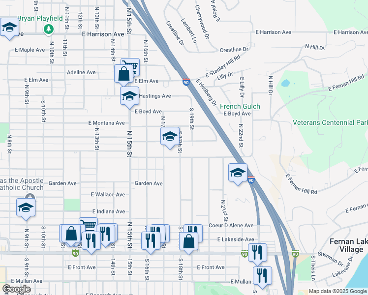 map of restaurants, bars, coffee shops, grocery stores, and more near 814 North 18th Street in Coeur d'Alene