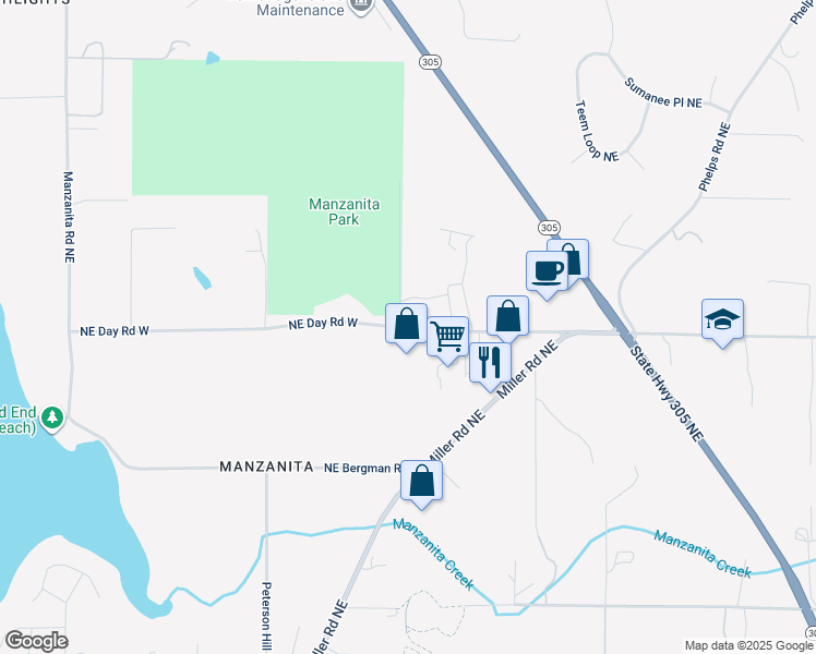 map of restaurants, bars, coffee shops, grocery stores, and more near 7641 NE Day Rd W in Bainbridge Island