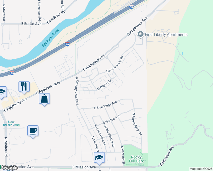 map of restaurants, bars, coffee shops, grocery stores, and more near 24440 East Harrier Lane in Liberty Lake