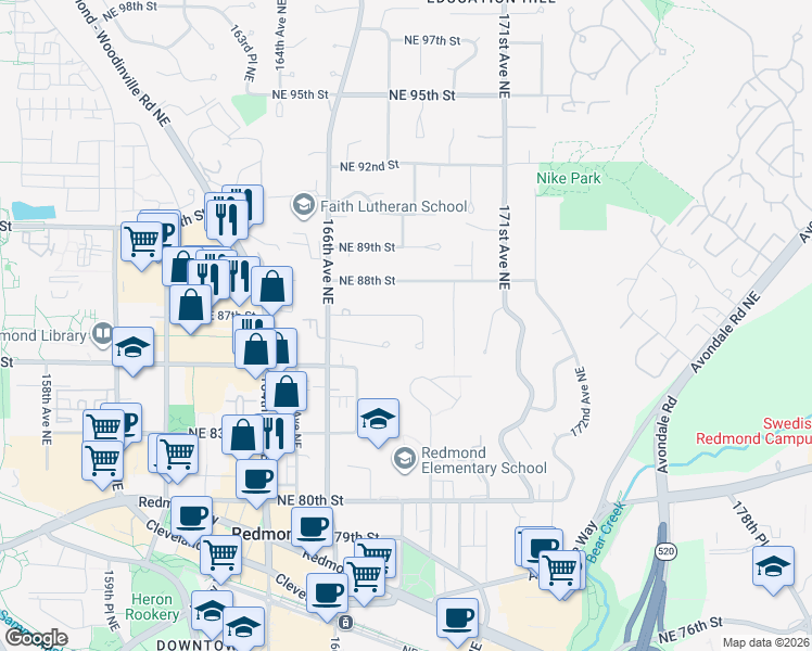 map of restaurants, bars, coffee shops, grocery stores, and more near 16783 Northeast 86th Court in Redmond