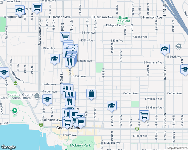 map of restaurants, bars, coffee shops, grocery stores, and more near 801 North 7th Street in Coeur d'Alene
