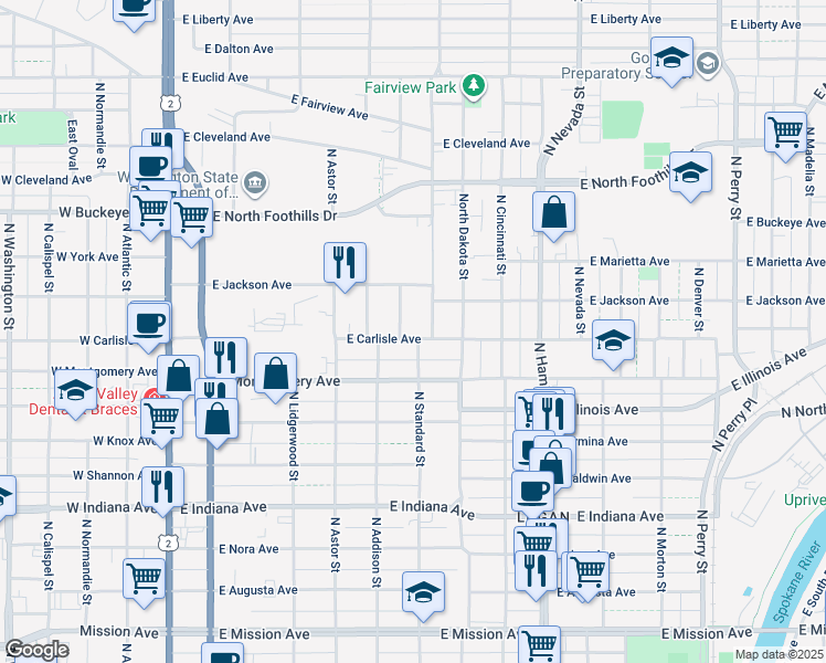 map of restaurants, bars, coffee shops, grocery stores, and more near 561 East Carlisle Avenue in Spokane