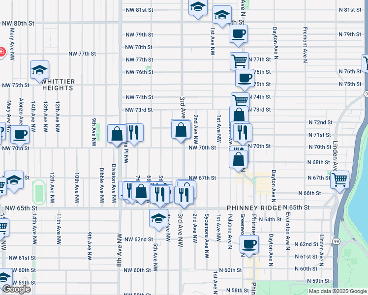map of restaurants, bars, coffee shops, grocery stores, and more near 3rd Avenue Northwest & Northwest 70th Street in Seattle
