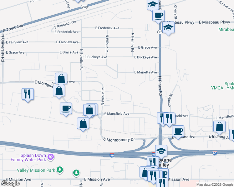 map of restaurants, bars, coffee shops, grocery stores, and more near 2400 North Wilbur Road in Spokane Valley
