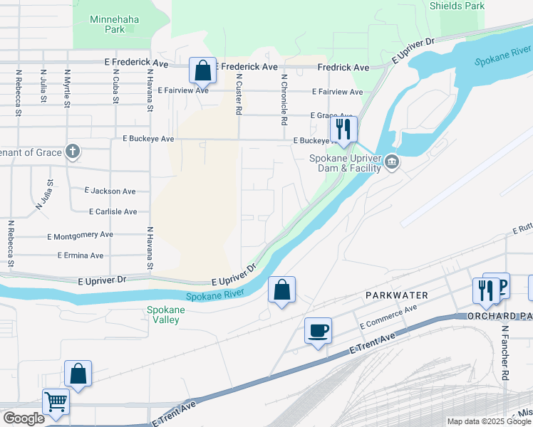 map of restaurants, bars, coffee shops, grocery stores, and more near 4909 East Upriver Drive in Spokane
