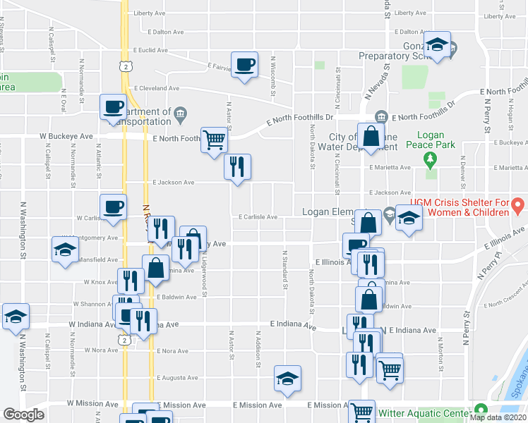 map of restaurants, bars, coffee shops, grocery stores, and more near 561 East Carlisle Avenue in Spokane