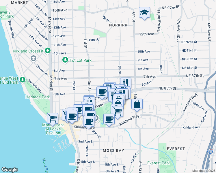 map of restaurants, bars, coffee shops, grocery stores, and more near 450 Central Way in Kirkland