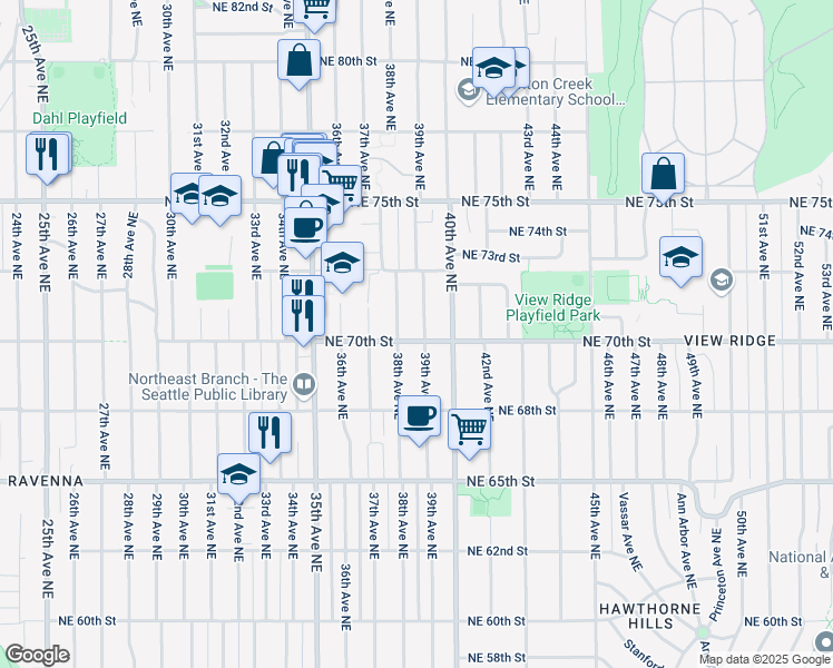 map of restaurants, bars, coffee shops, grocery stores, and more near 6842 39th Avenue Northeast in Seattle