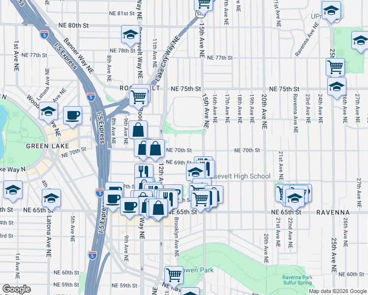 map of restaurants, bars, coffee shops, grocery stores, and more near 1264 Northeast 69th Street in Seattle