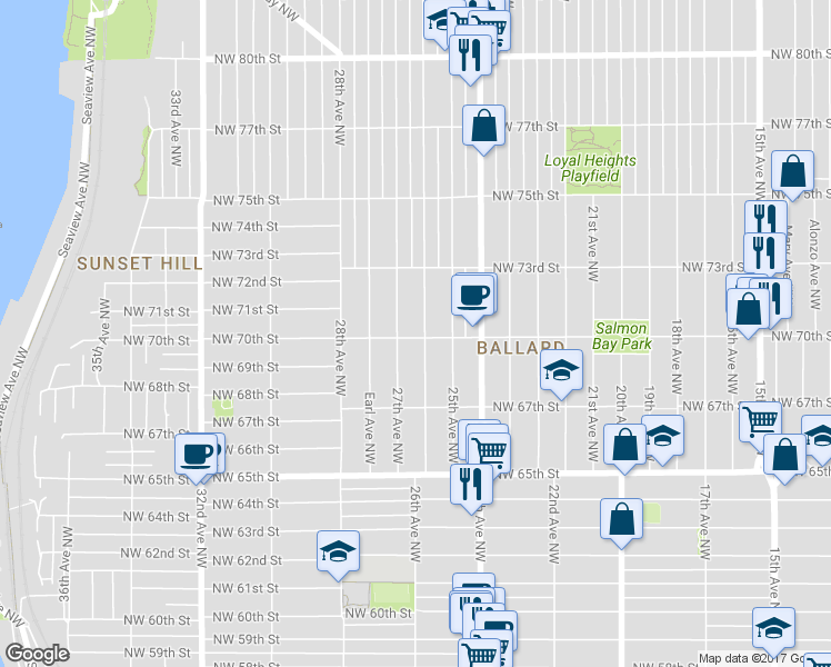 map of restaurants, bars, coffee shops, grocery stores, and more near 6744 26th Avenue Northwest in Seattle