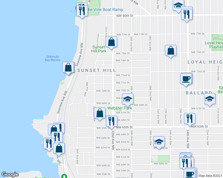 map of restaurants, bars, coffee shops, grocery stores, and more near 6907 32nd Avenue Northwest in Seattle
