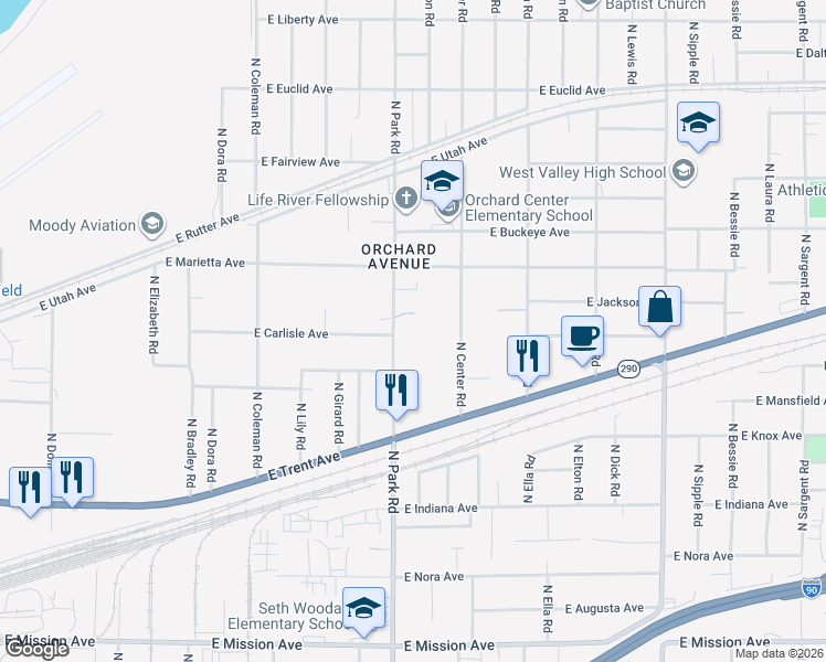 map of restaurants, bars, coffee shops, grocery stores, and more near 2416 North Park Road in Spokane Valley