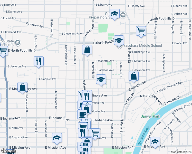 map of restaurants, bars, coffee shops, grocery stores, and more near 1004 East Carlisle Avenue in Spokane