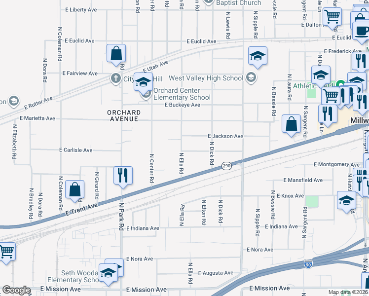 map of restaurants, bars, coffee shops, grocery stores, and more near 2406 Ella Road in Spokane Valley
