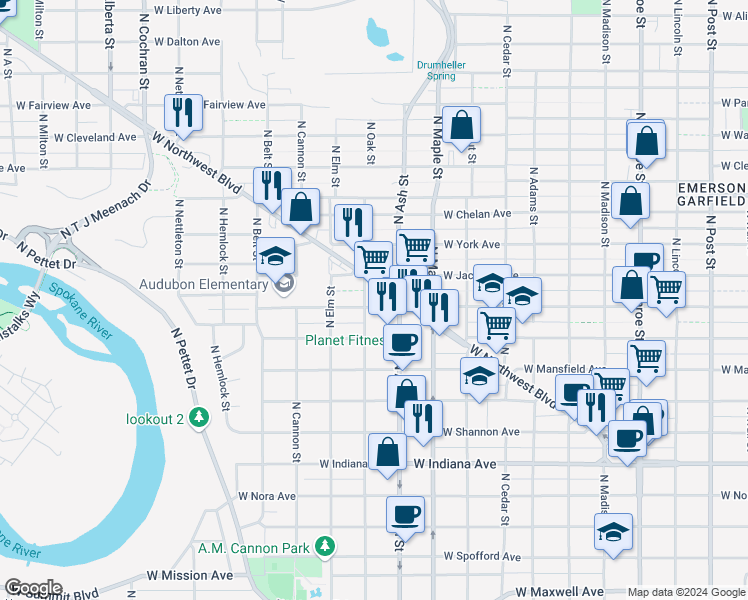 map of restaurants, bars, coffee shops, grocery stores, and more near 1724 West Carlisle Avenue in Spokane