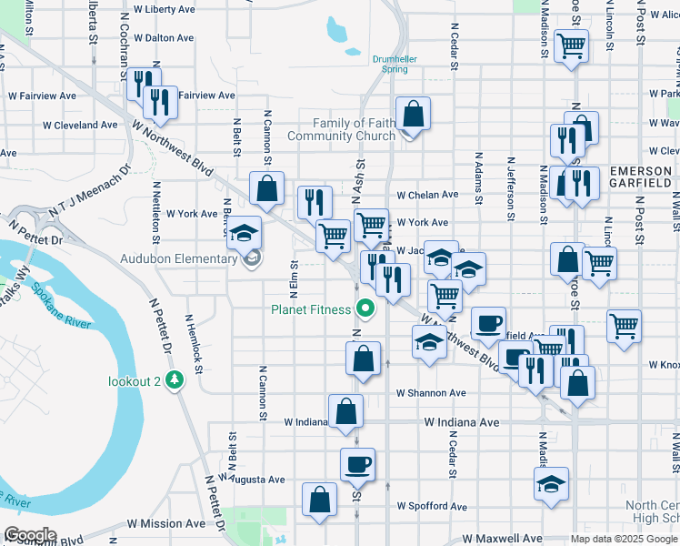 map of restaurants, bars, coffee shops, grocery stores, and more near 1722 West Montgomery Avenue in Spokane