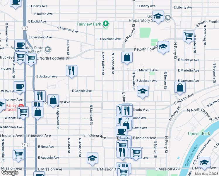 map of restaurants, bars, coffee shops, grocery stores, and more near 712 East Carlisle Avenue in Spokane