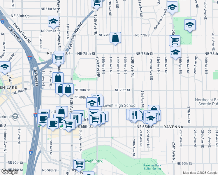 map of restaurants, bars, coffee shops, grocery stores, and more near 6847 17th Avenue Northeast in Seattle