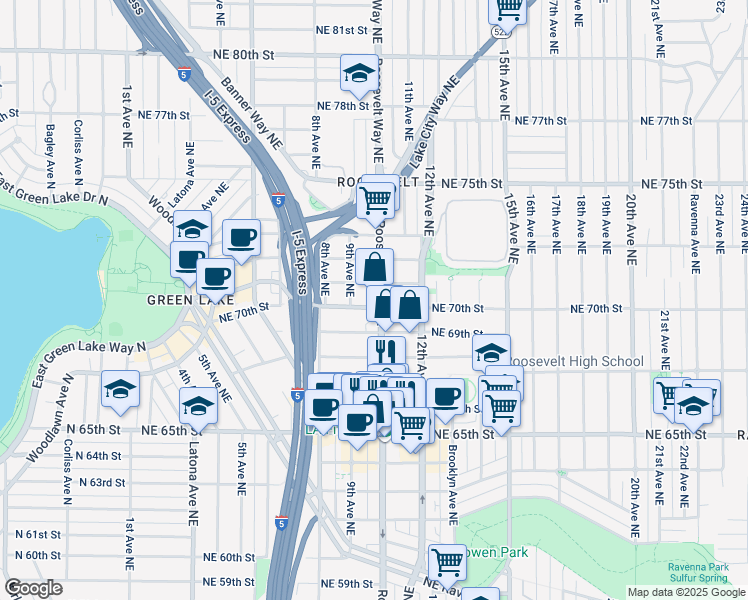 map of restaurants, bars, coffee shops, grocery stores, and more near 6909 Roosevelt Way Northeast in Seattle
