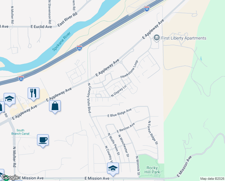 map of restaurants, bars, coffee shops, grocery stores, and more near 24440 East Harrier Lane in Liberty Lake