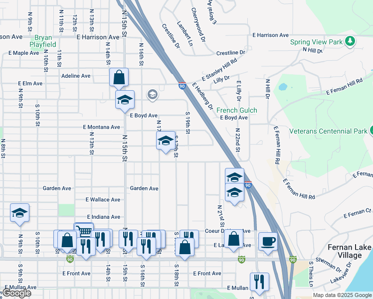 map of restaurants, bars, coffee shops, grocery stores, and more near 802 North 18th Street in Coeur d'Alene