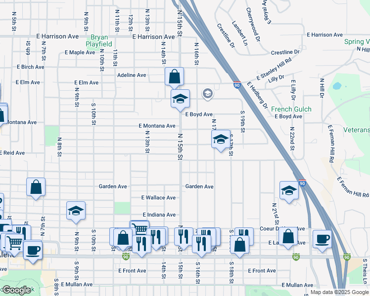 map of restaurants, bars, coffee shops, grocery stores, and more near 804 North 15th Street in Coeur d'Alene