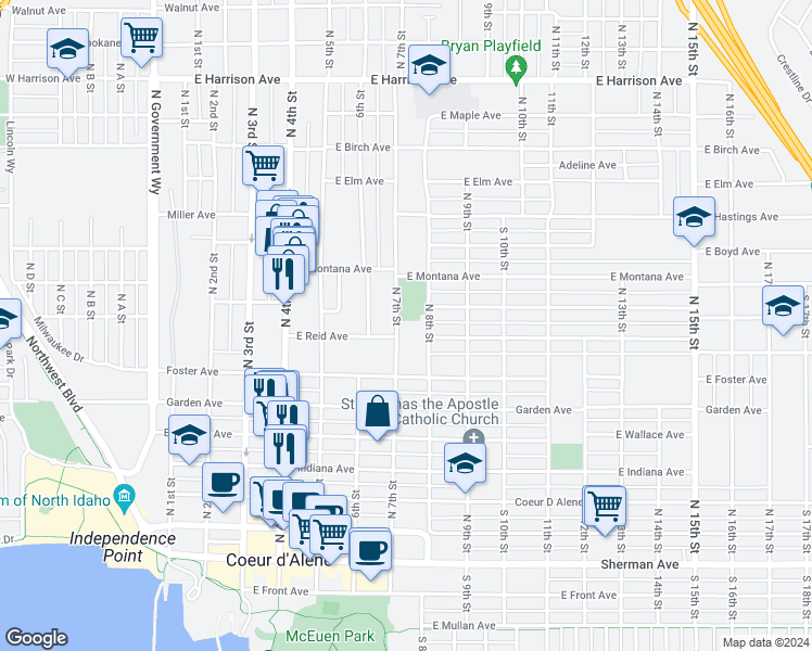 map of restaurants, bars, coffee shops, grocery stores, and more near 718 North 7th Street in Coeur d'Alene
