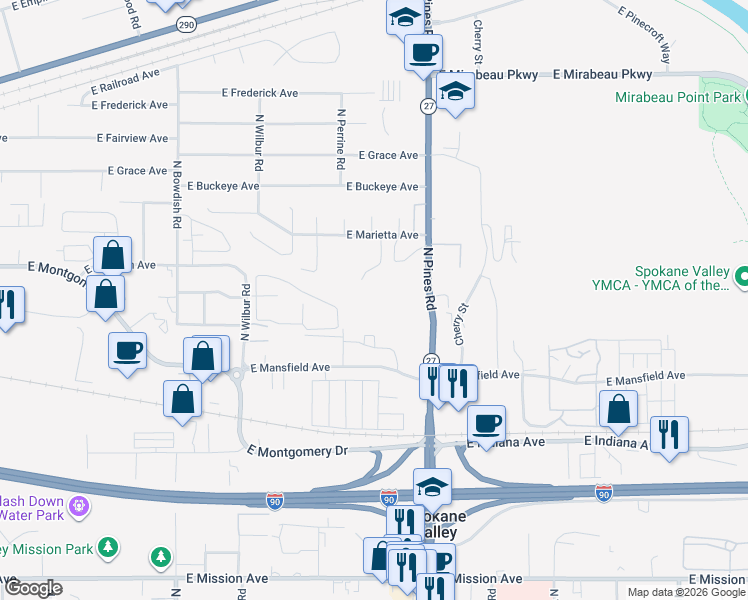 map of restaurants, bars, coffee shops, grocery stores, and more near 12031 East Mansfield Avenue in Spokane Valley