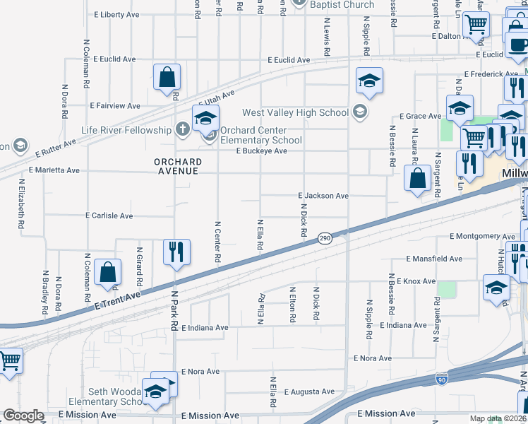 map of restaurants, bars, coffee shops, grocery stores, and more near 2406 Ella Road in Spokane Valley