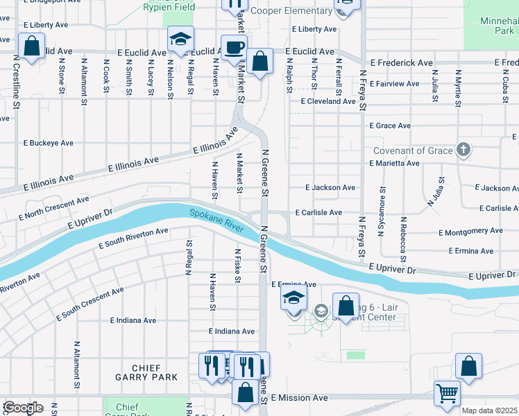 map of restaurants, bars, coffee shops, grocery stores, and more near 2311 North Greene Street in Spokane
